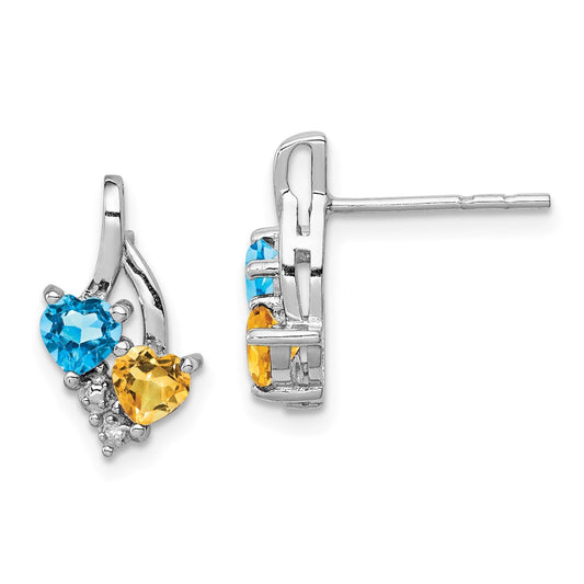 QE10259 Sterling Silver Rhodium-plated Blue Topaz and Citrine Diamond Earrings