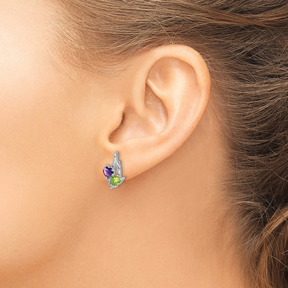 QE10260AM Sterling Silver Rhodium-plated Amethyst Peridot Diamond Earrings