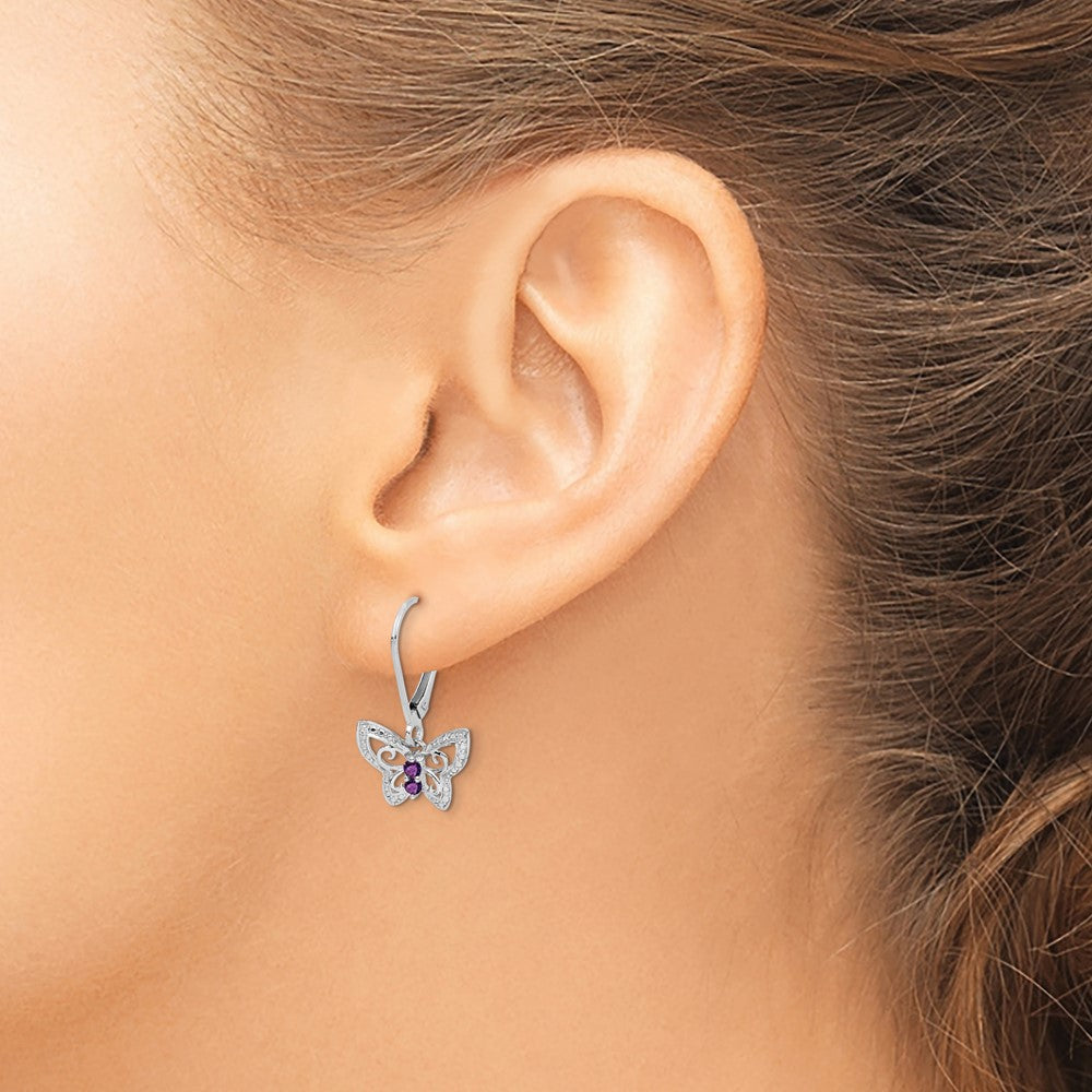 QE10274AM Sterling Silver Rhodium-plated Amethyst and Diamond Butterfly Earrings