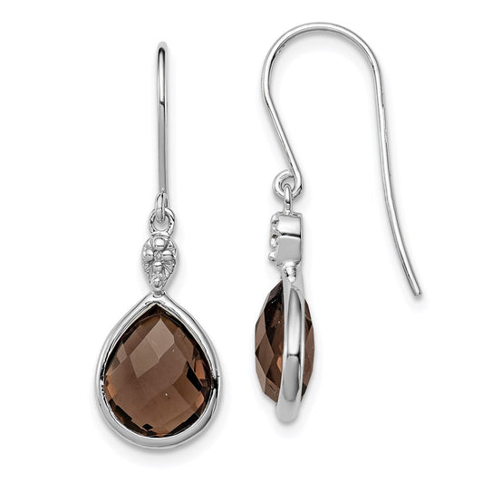 QE10303SQ Sterling Silver RH Plated Diamond and Smoky Quartz Dangle Earrings