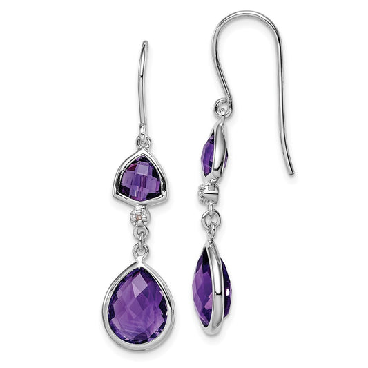 QE10309AM Sterling Silver Rhodium Plated Diamond and Amethyst Dangle Earrings