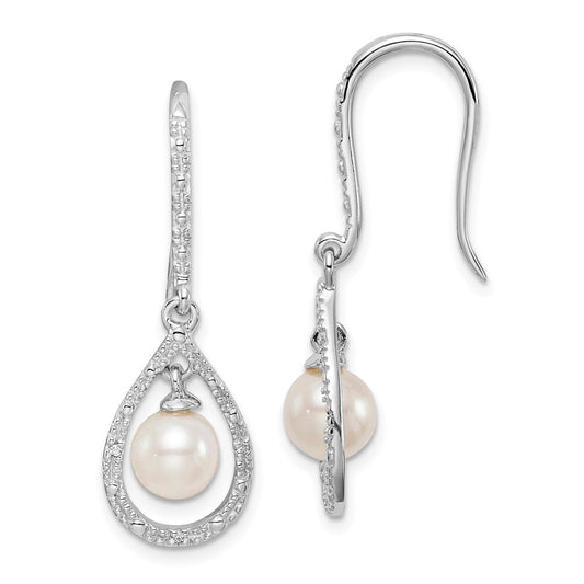 QE10320 Sterling Silver Rhod Plated Dia. and FW Cultured Pearl Dangle Ear