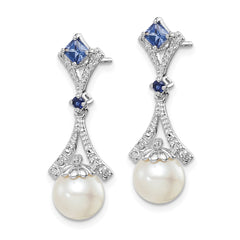 QE10326 Sterling Silver Rhod Plated Dia. FW Cultured Pearl/Cr. Sapphire Ear
