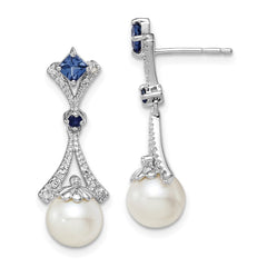 QE10326 Sterling Silver Rhod Plated Dia. FW Cultured Pearl/Cr. Sapphire Ear