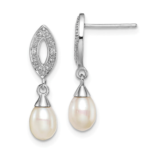 QE10331 Sterling Silver Rhod Plated Diamond and FW Cultured Pearl Post Ear