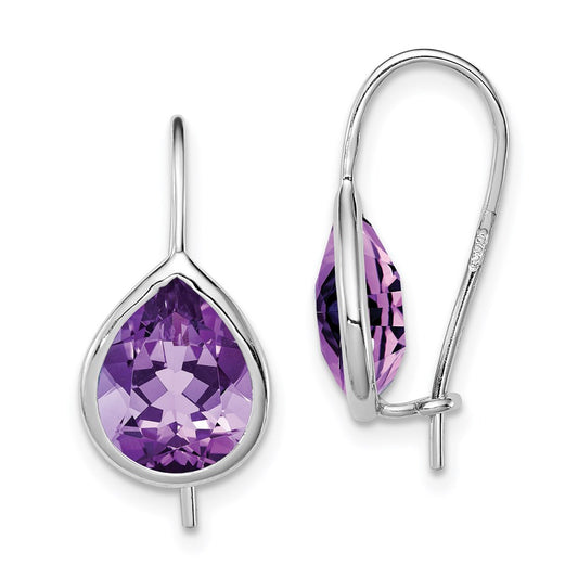 QE10332AM Sterling Silver Rhodium Plated Amethyst Teardrop Dangle Earrings