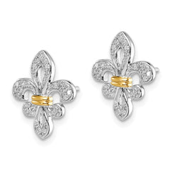 QE10431 Sterling Silver Rhodium & 14k Yellow Gold Diam. Fleur de Lis Post Earrings