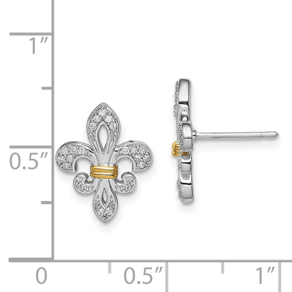 QE10431 Sterling Silver Rhodium & 14k Yellow Gold Diam. Fleur de Lis Post Earrings