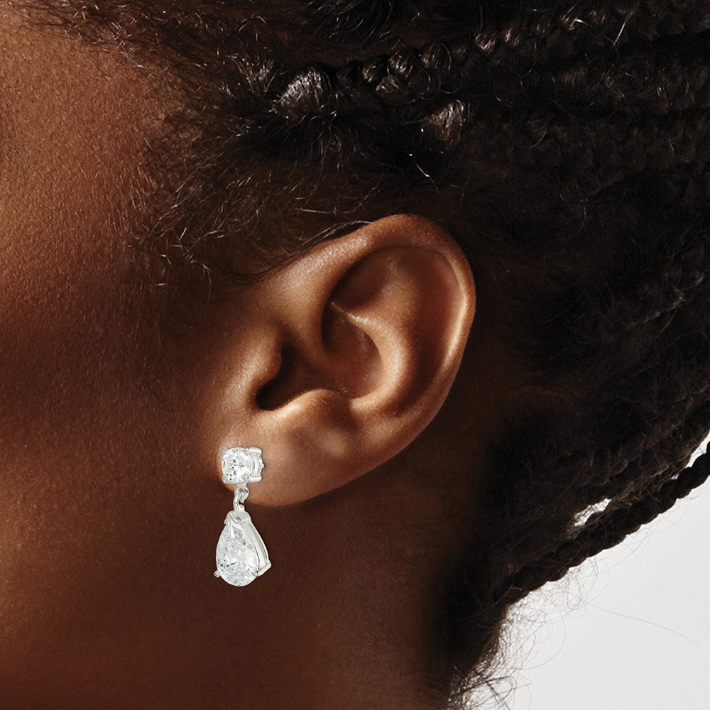QE1058 Sterling Silver Polished CZ Pear Shaped Post Dangle Earrings