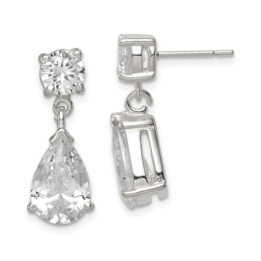 QE1058 Sterling Silver Polished CZ Pear Shaped Post Dangle Earrings