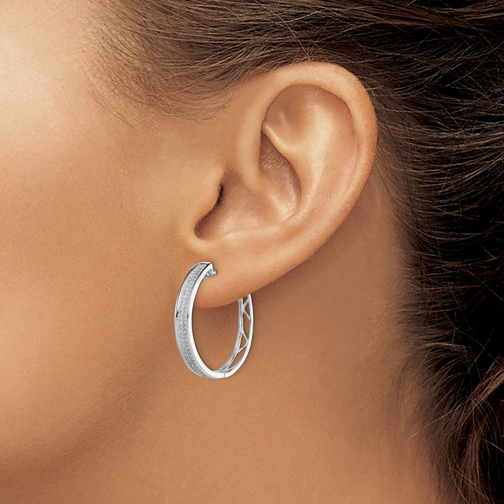 QE10639 Sterling Silver Rhodium Diam. Round Hinged Hoop Earrings