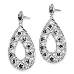 QE10712 White Night Sterling Silver Rhodium-plated Dangle Blue and White Diamond Post Earrings