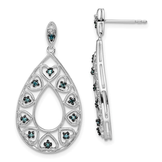 QE10712 White Night Sterling Silver Rhodium-plated Dangle Blue and White Diamond Post Earrings
