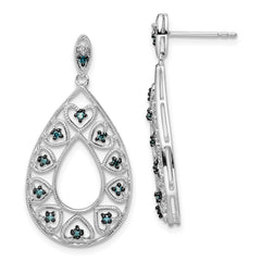 QE10712 White Night Sterling Silver Rhodium-plated Dangle Blue and White Diamond Post Earrings