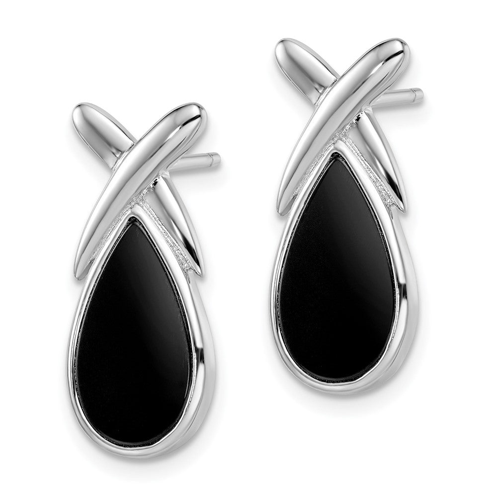 QE1074 Sterling Silver Rhod-plated Polished Onyx Teardrop X Post Drop Earrings
