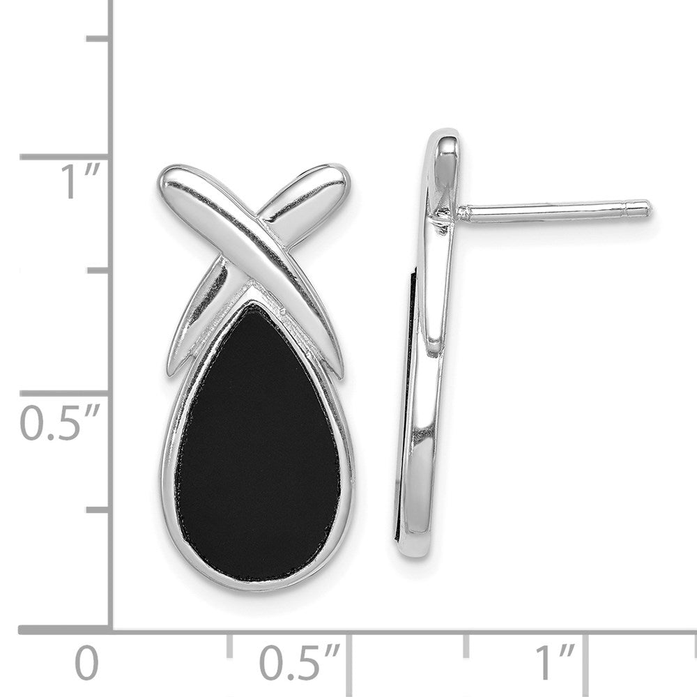QE1074 Sterling Silver Rhod-plated Polished Onyx Teardrop X Post Drop Earrings