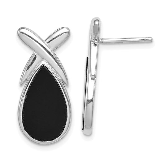 QE1074 Sterling Silver Rhod-plated Polished Onyx Teardrop X Post Drop Earrings