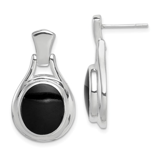 QE1075 Sterling Silver Rhodium-plated Polished Oval Onyx Post Dangle Earrings