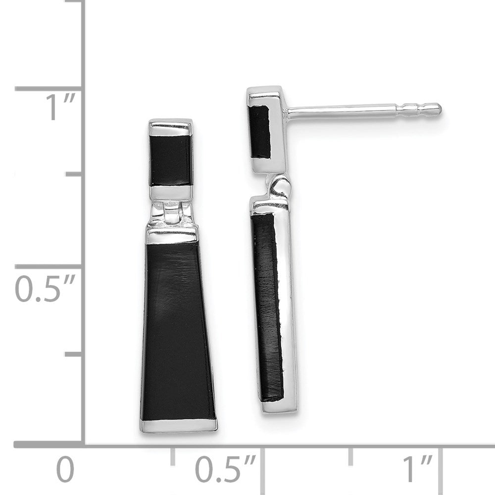 QE1077 Sterling Silver Rhodium-plated Polished Tapered Onyx Post Drop Earrings