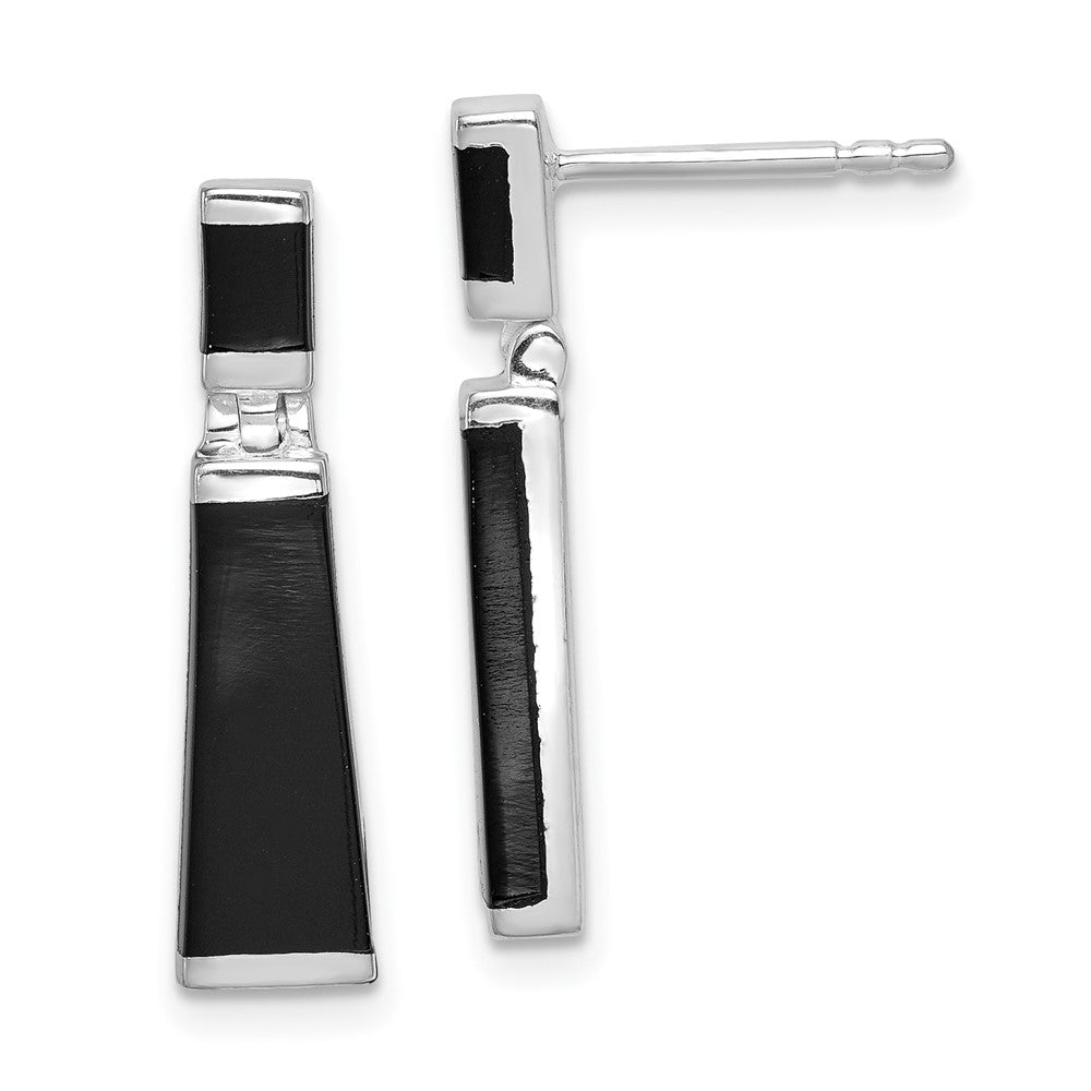 QE1077 Sterling Silver Rhodium-plated Polished Tapered Onyx Post Drop Earrings
