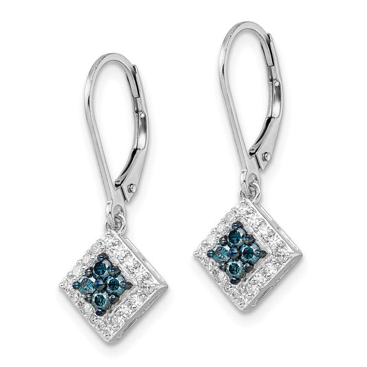 QE10782 White Night Sterling Silver Rhodium-plated White and Blue Diamond Dangle Leverback Earrings