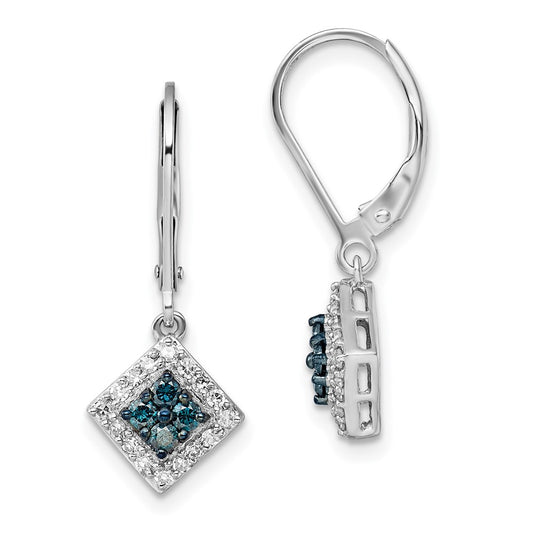 QE10782 White Night Sterling Silver Rhodium-plated White and Blue Diamond Dangle Leverback Earrings