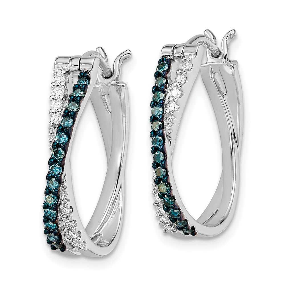 QE10783 White Night Sterling Silver Rhodium-plated White and Blue Diamond Hinged Hoop Earrings