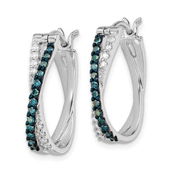 QE10783 White Night Sterling Silver Rhodium-plated White and Blue Diamond Hinged Hoop Earrings