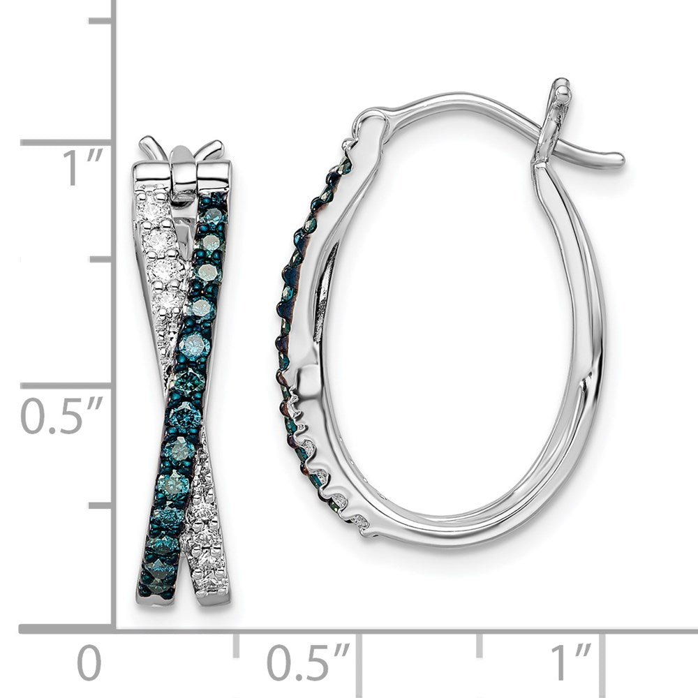QE10783 White Night Sterling Silver Rhodium-plated White and Blue Diamond Hinged Hoop Earrings