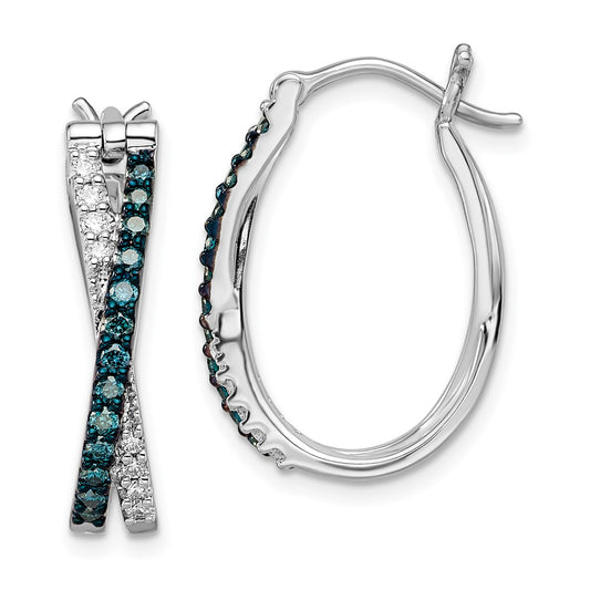QE10783 White Night Sterling Silver Rhodium-plated White and Blue Diamond Hinged Hoop Earrings