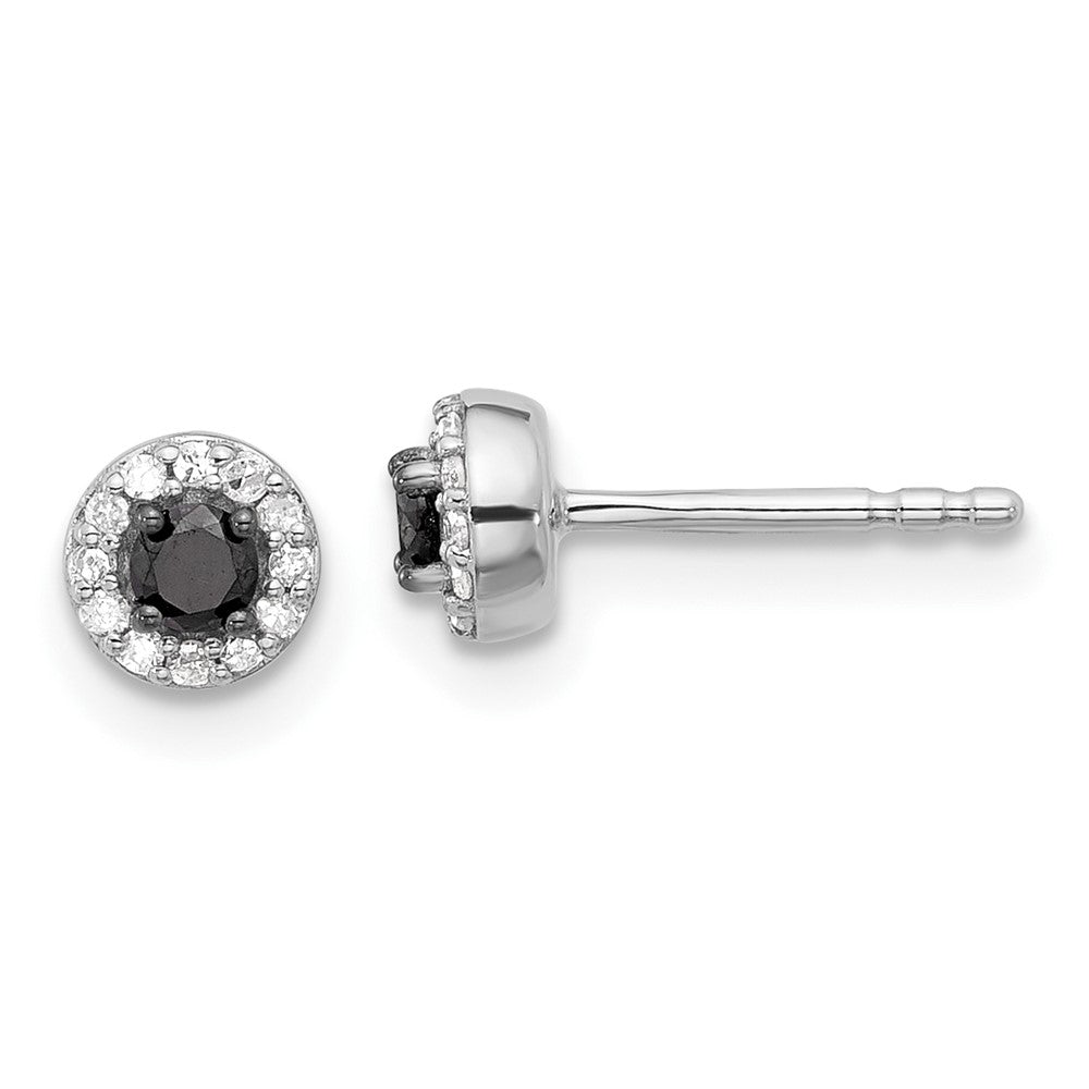 QE10839 White Night Sterling Silver Rhodium-plated Black and White Diamond Circle Stud Post Earrings