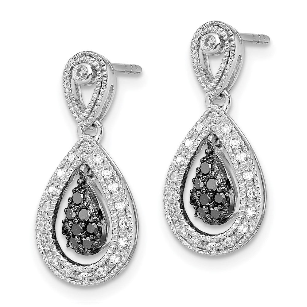 QE10851 White Night Sterling Silver Rhodium-plated Black and White Diamond Double Teardrop Dangle Post Earrings