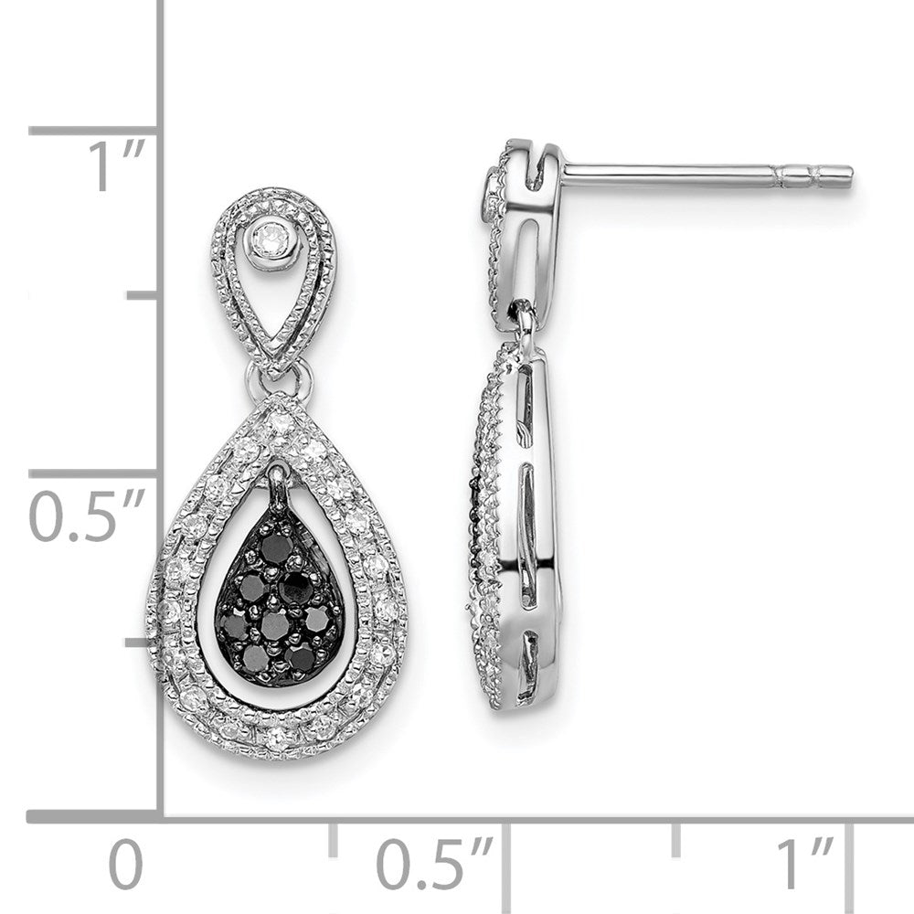 QE10851 White Night Sterling Silver Rhodium-plated Black and White Diamond Double Teardrop Dangle Post Earrings