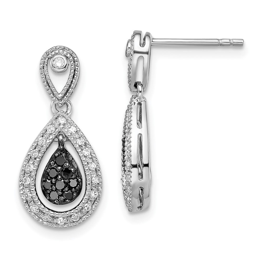 QE10851 White Night Sterling Silver Rhodium-plated Black and White Diamond Double Teardrop Dangle Post Earrings