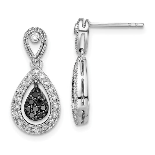 QE10851 White Night Sterling Silver Rhodium-plated Black and White Diamond Double Teardrop Dangle Post Earrings