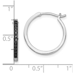 QE10925 White Night Sterling Silver Rhodium-plated Black Diamond Hoop Earrings