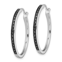 QE10926 White Night Sterling Silver Rhodium-plated Black Diamond Hoop Earrings