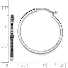 QE10926 White Night Sterling Silver Rhodium-plated Black Diamond Hoop Earrings