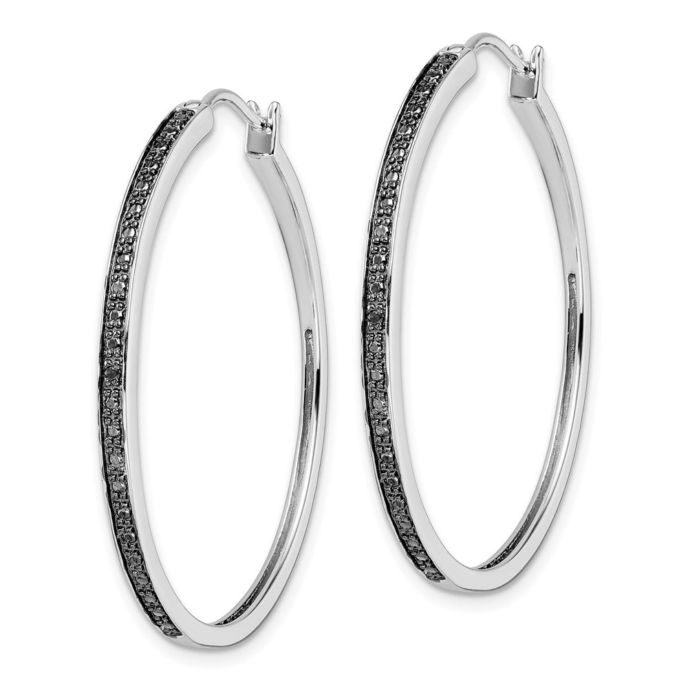 QE10927 White Night Sterling Silver Rhodium-plated Black Diamond Hoop Earrings