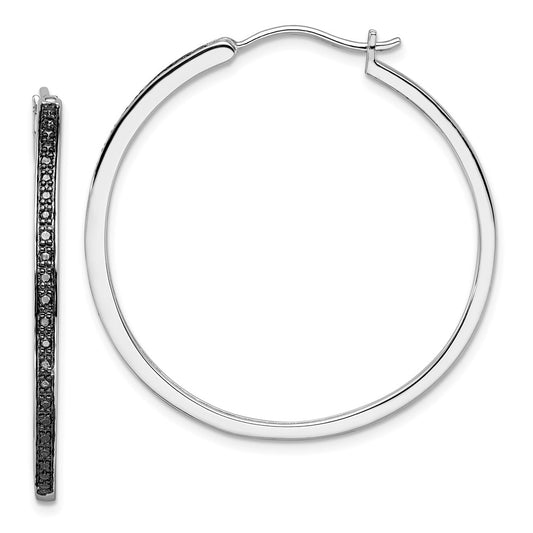 QE10927 White Night Sterling Silver Rhodium-plated Black Diamond Hoop Earrings