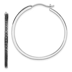 QE10927 White Night Sterling Silver Rhodium-plated Black Diamond Hoop Earrings