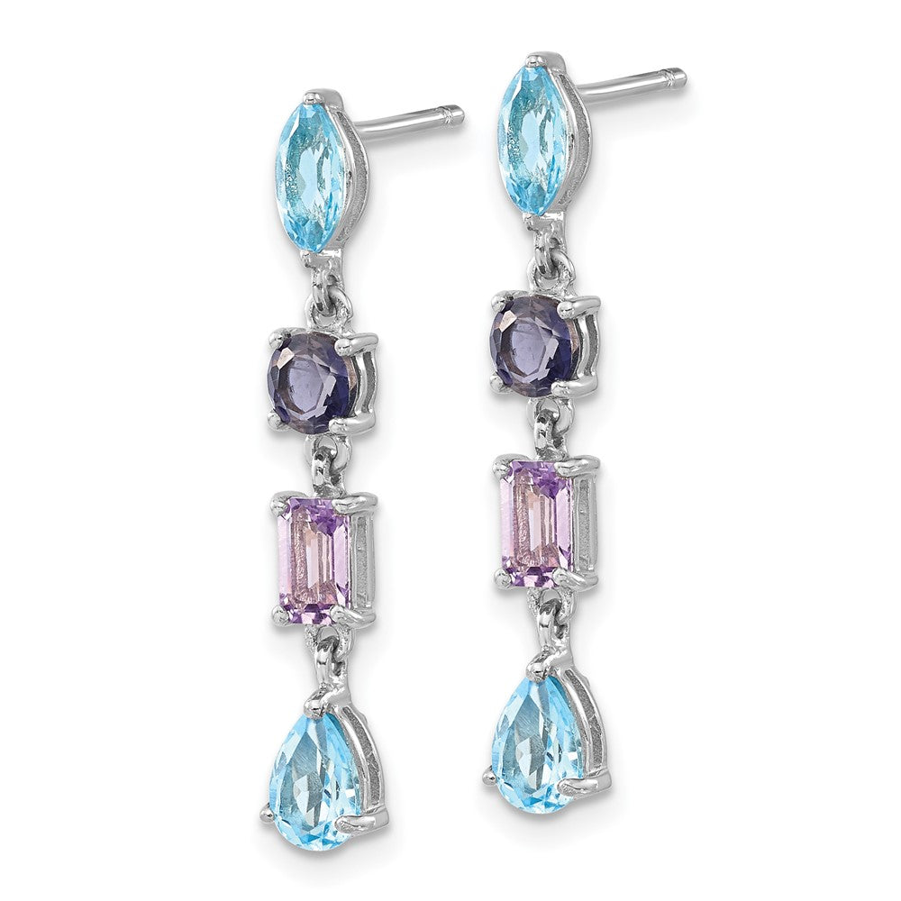 QE10975X Sterling Silver Rhodium Amethyst Blue Topaz and Iolite Dangle Earrings