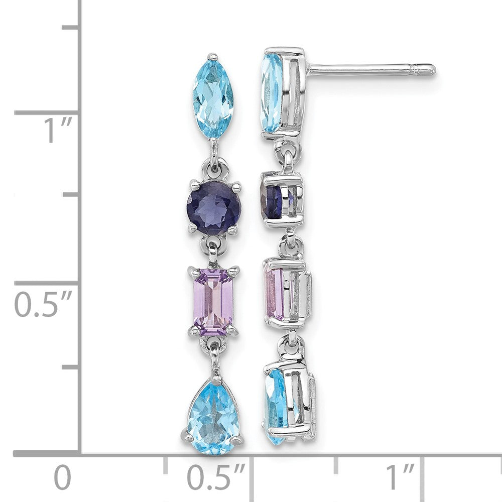 QE10975X Sterling Silver Rhodium Amethyst Blue Topaz and Iolite Dangle Earrings