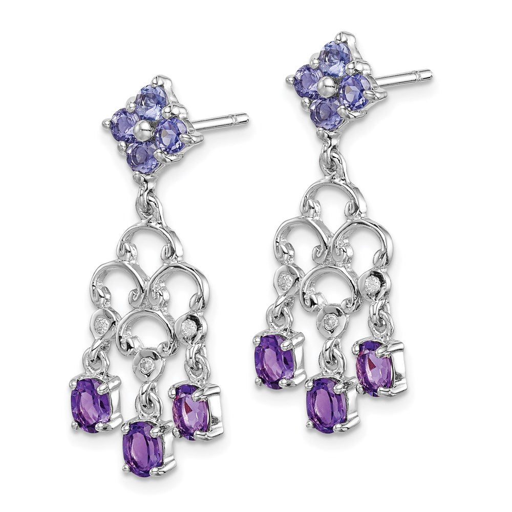 QE10977X Sterling Silver RH Plated Amethyst Iolite and Diamond Dangle Earrings