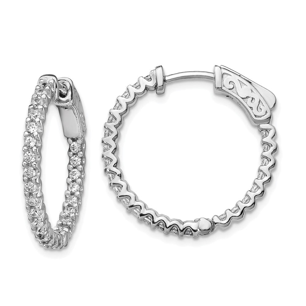 QE11064 Sterling Shimmer Sterling Silver Rhodium-plated 48 Stone 1.7mm CZ In and Out Round Hinged Hoop Earrings