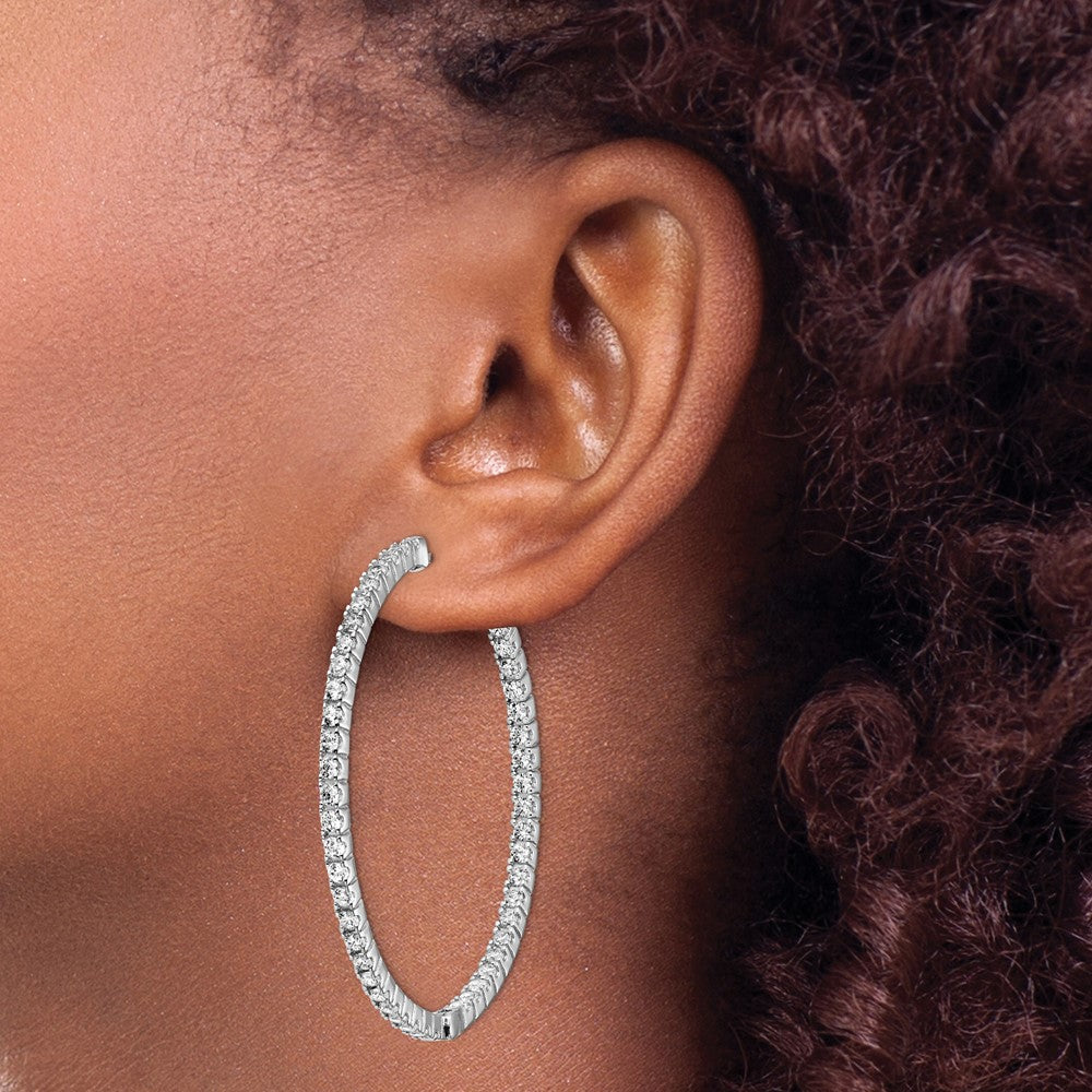 QE11066 Sterling Shimmer Sterling Silver Rhodium-plated 100 Stone 1.9mm CZ In and Out Round Hinged Hoop Earrings