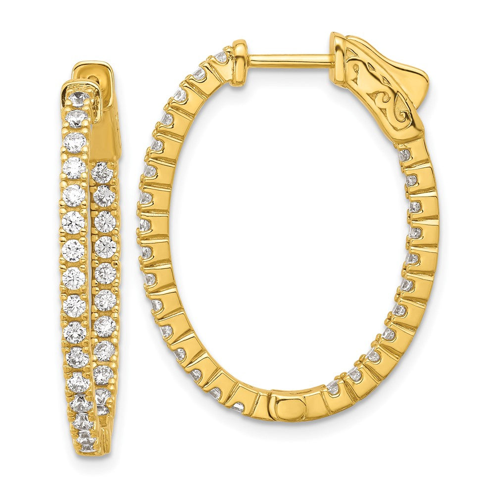 QE11069Y Sterling Shimmer Sterling Silver Gold-tone Flash Gold-plated 1.7mm CZ 54 Stone Oval In and Out Hinged Hoop Earrings