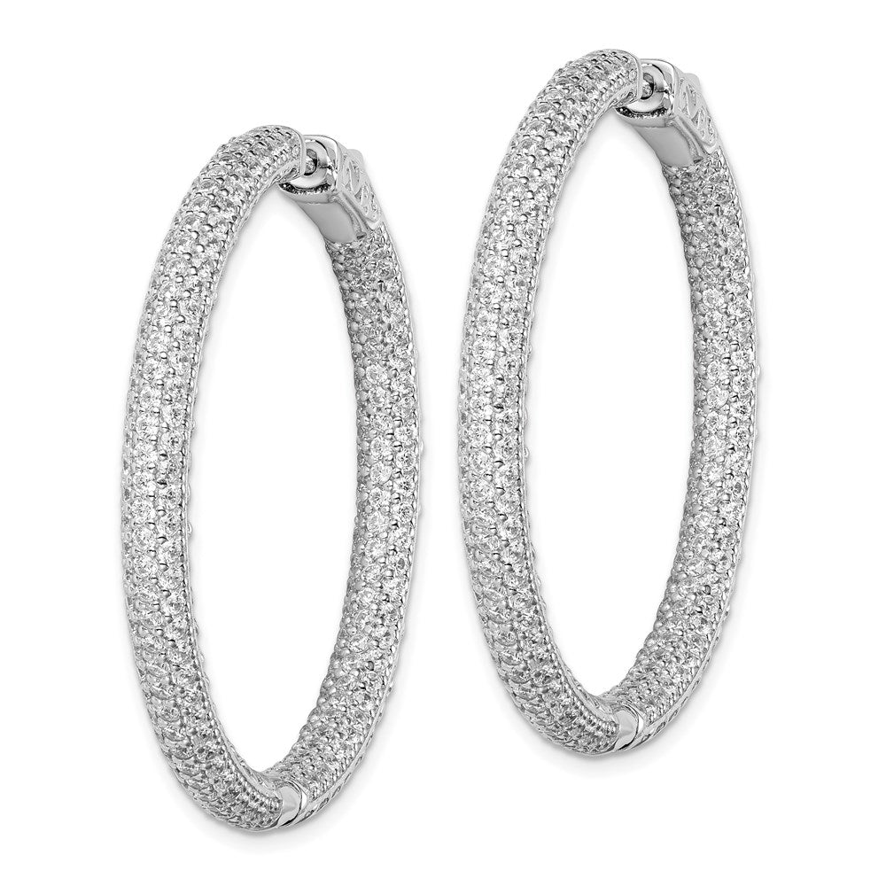 QE11078 Sterling Shimmer Sterling Silver Rhodium-plated 380 Stone Pav������ 1.5mm CZ In and Out Round Hinged Hoop Earrings