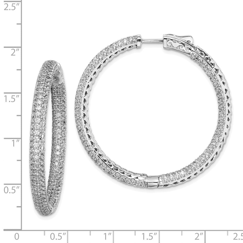 QE11078 Sterling Shimmer Sterling Silver Rhodium-plated 380 Stone Pav������ 1.5mm CZ In and Out Round Hinged Hoop Earrings