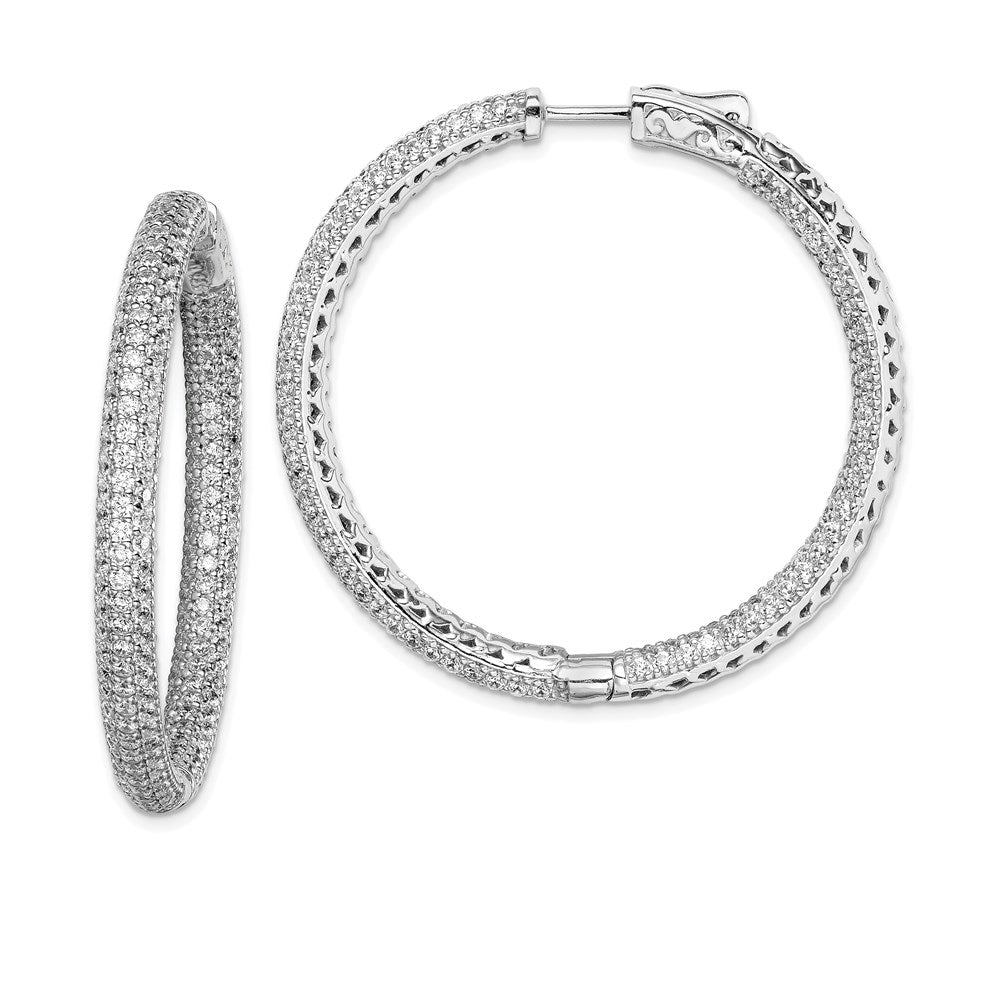 QE11078 Sterling Shimmer Sterling Silver Rhodium-plated 380 Stone Pav������ 1.5mm CZ In and Out Round Hinged Hoop Earrings